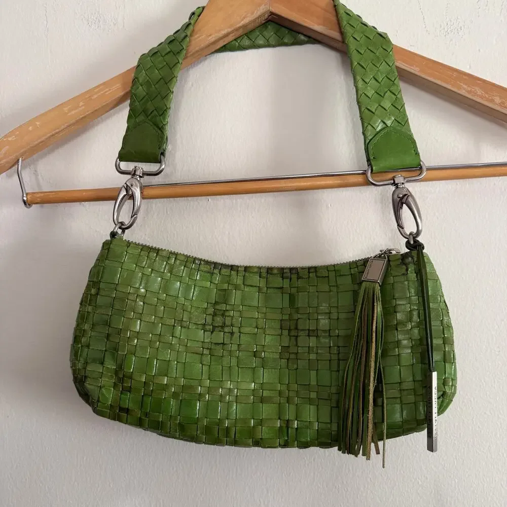 Y2K Vintage ELLIOTT LUCCA | Apple Green Leather Woven Shoulder Baguette Bag